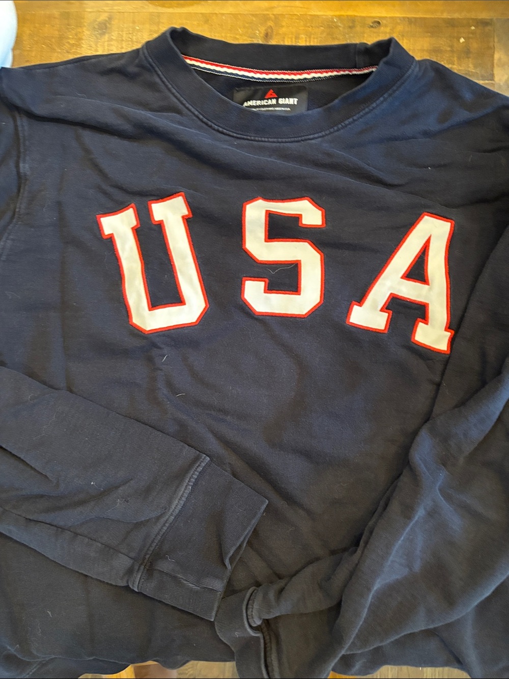 American Giant Navy Crewneck Sweatshirt with Red & White USA Appliqué Size M